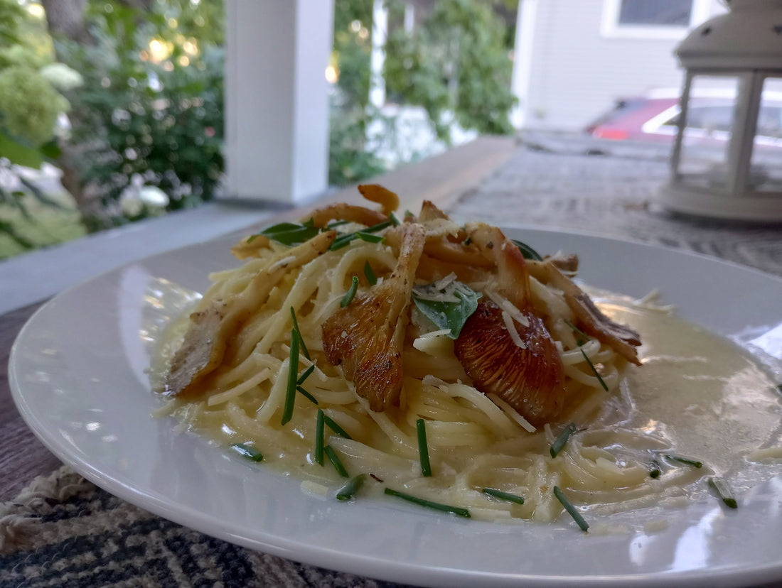 Garlic and Herb Sauteed Pink Oyster Mushroom Risotto with Smoked Gouda