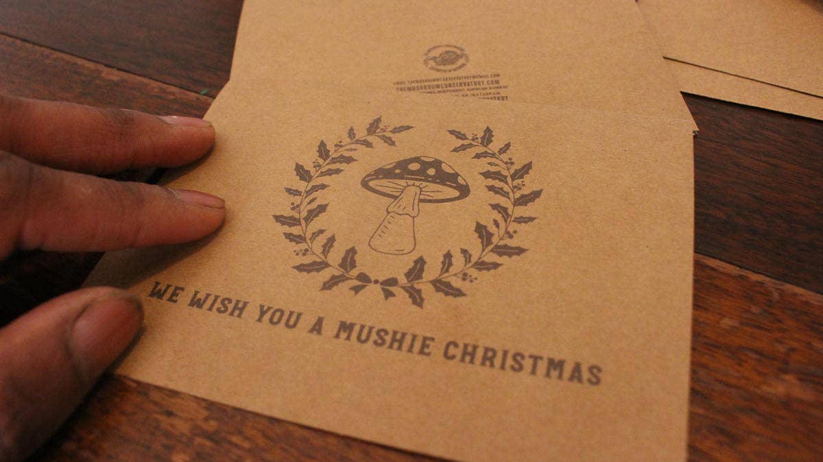 We Wish You A Mushie Christmas - Mushroom Christmas Card - The Mushroom Conservatory